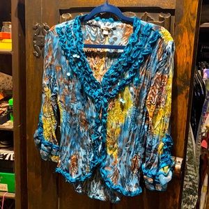 Women’s Bohemian blouse szMed. Multi hued with sequins and ruffled collar.